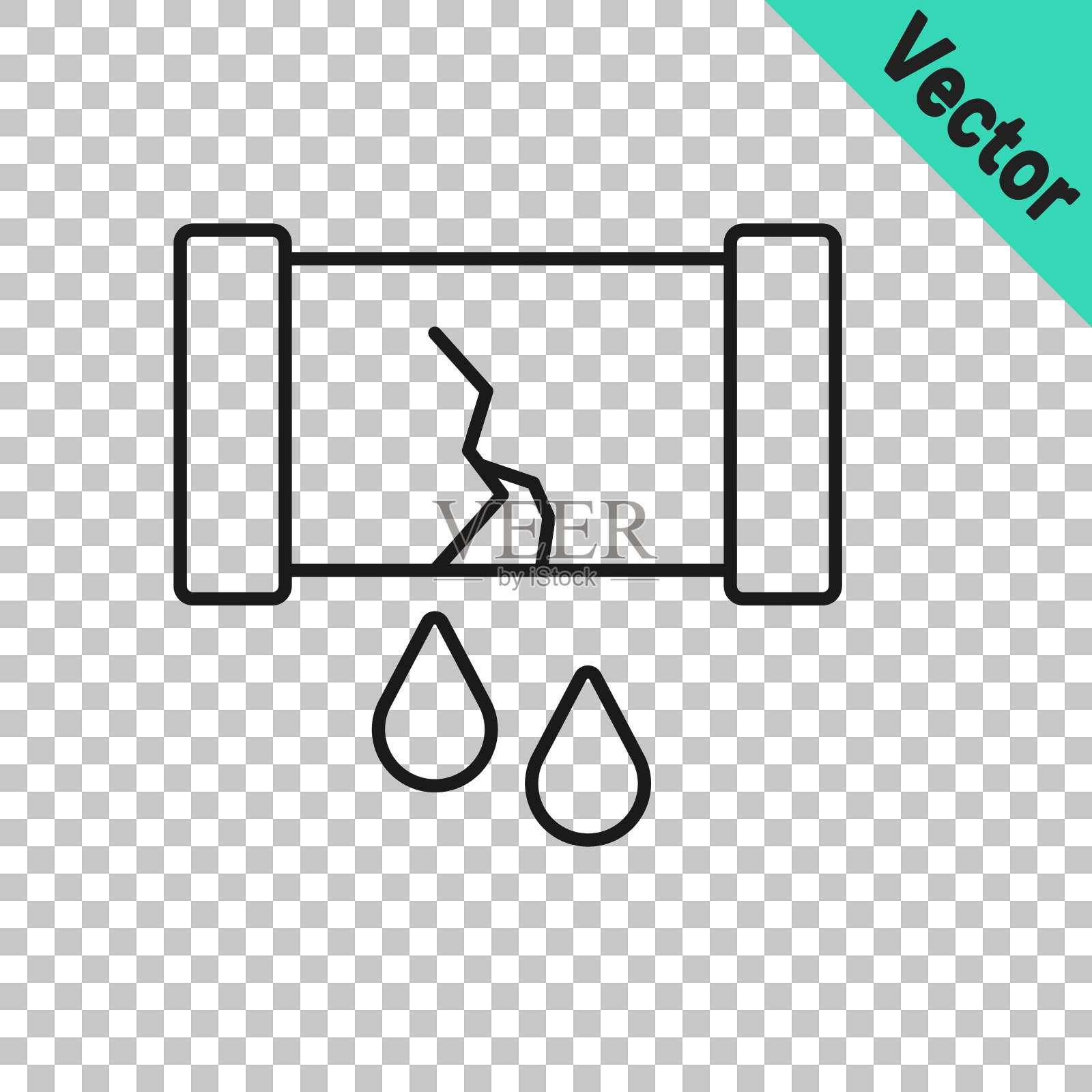 黑色线破裂的油管与阀门图标隔离在透明背景上。向量插画图片素材