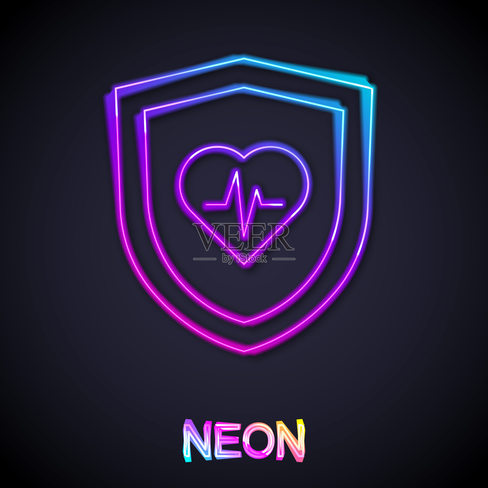发光的霓虹线人寿保险与盾牌图标孤立在黑色背景上。安全，安全，保护，保护理念。向量插画图片素材
