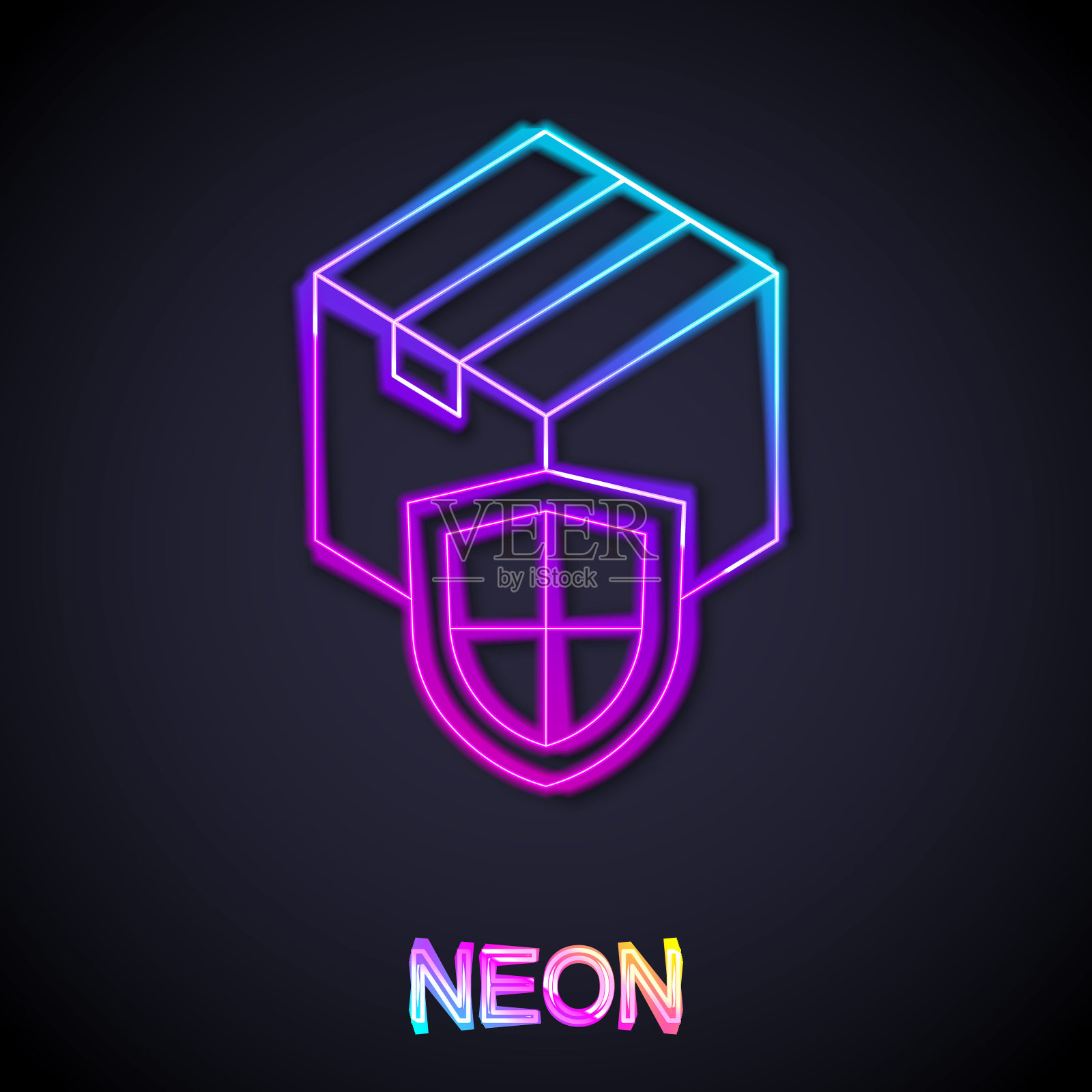 发光霓虹灯线交付安全与盾牌图标孤立在黑色背景。交付保险。在防护罩外投保的纸板箱。向量插画图片素材