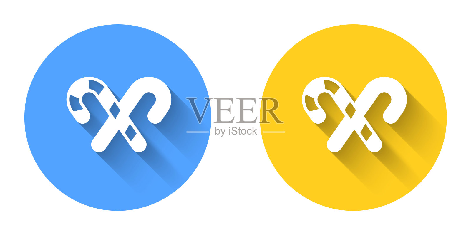 带条纹的白色圣诞拐杖糖图标，长阴影背景。圣诞快乐，新年快乐。圆形按钮。矢量图标素材