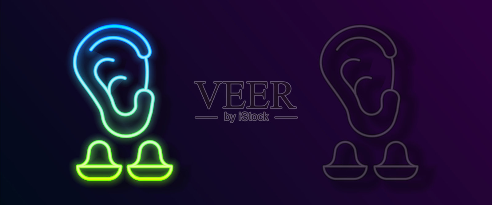 发光霓虹灯线耳塞和耳朵图标孤立在黑色背景。防噪耳塞的迹象。噪音的象征。睡眠质量的概念。向量图标素材