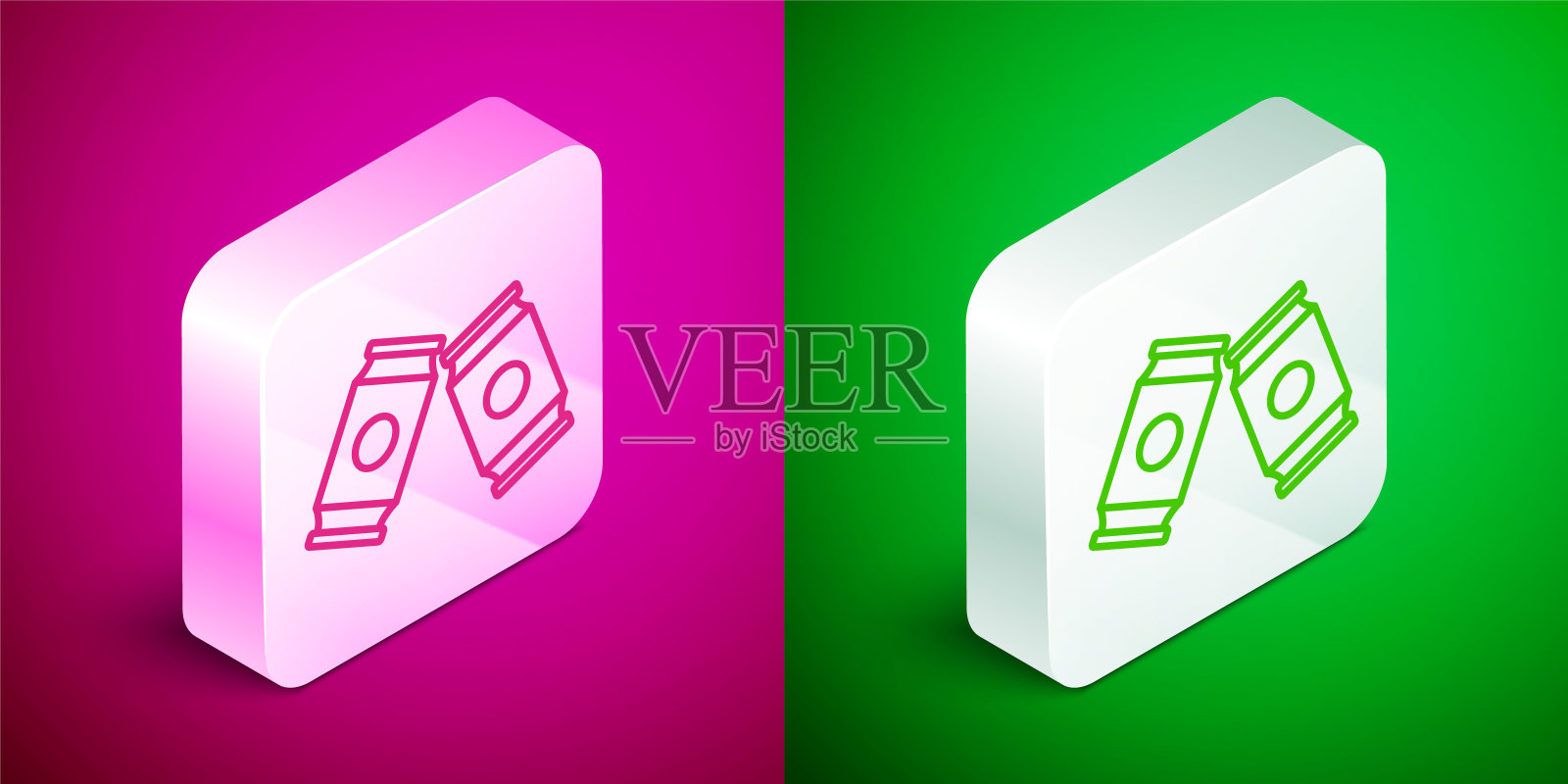 等距线啤酒可以图标孤立在粉红色和绿色的背景上。银广场按钮。向量图标素材