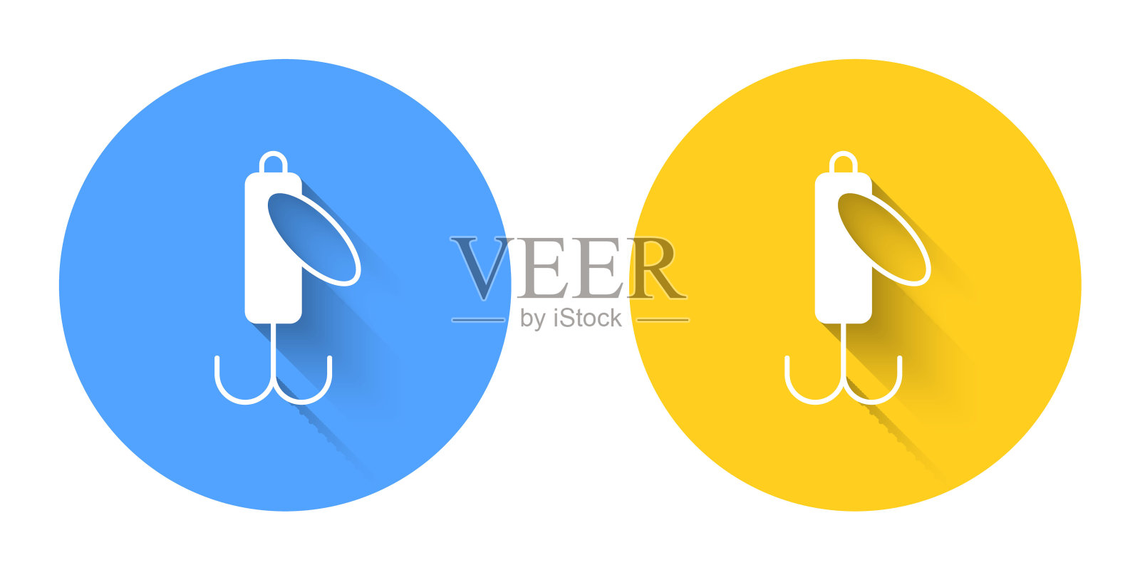 白色鱼饵图标孤立与长阴影背景。渔具。圆按钮。向量图标素材