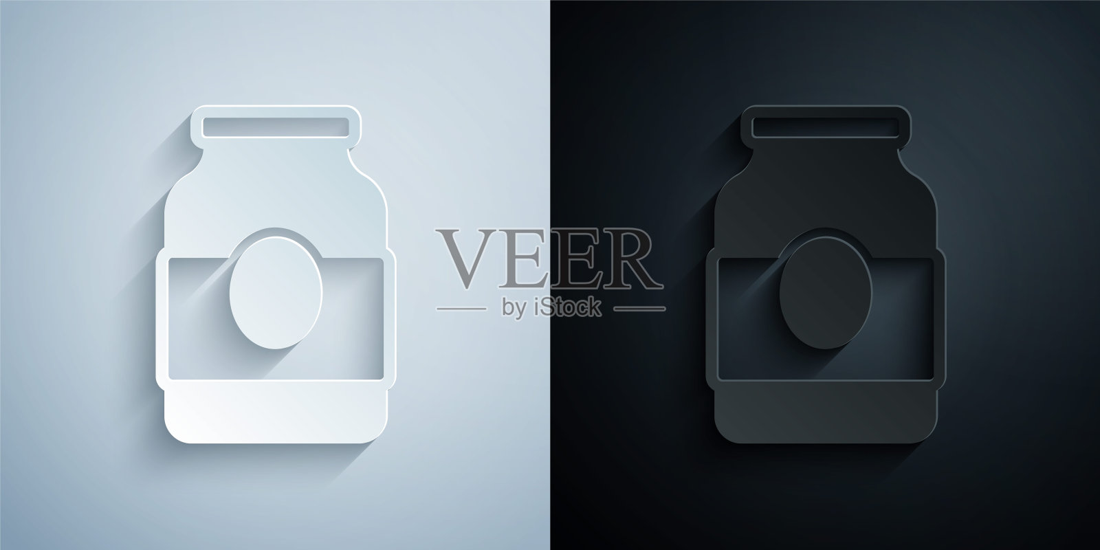 剪纸果酱罐图标孤立在灰色和黑色背景。纸艺术风格。向量图标素材