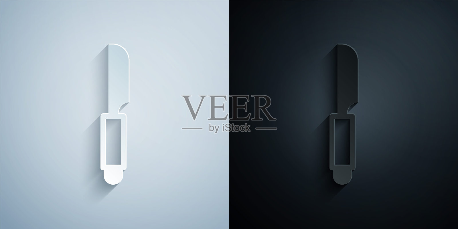 剪纸刀图标孤立在灰色和黑色背景。餐具的象征。纸艺术风格。向量图标素材