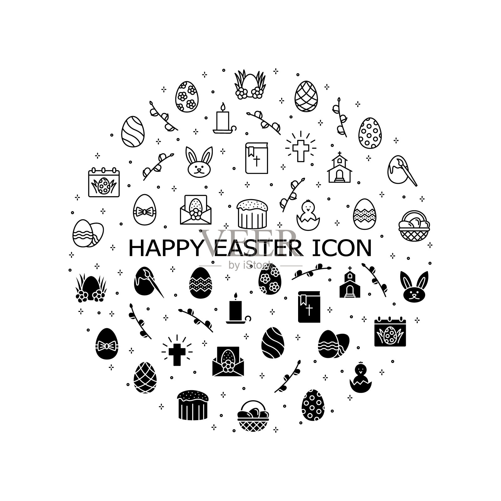 复活节平线图标设置。包含诸如彩色鸡蛋，兔子，篮子，蛋糕和小鸡的图标。简单的平面矢量插图网站或移动应用程序图标素材