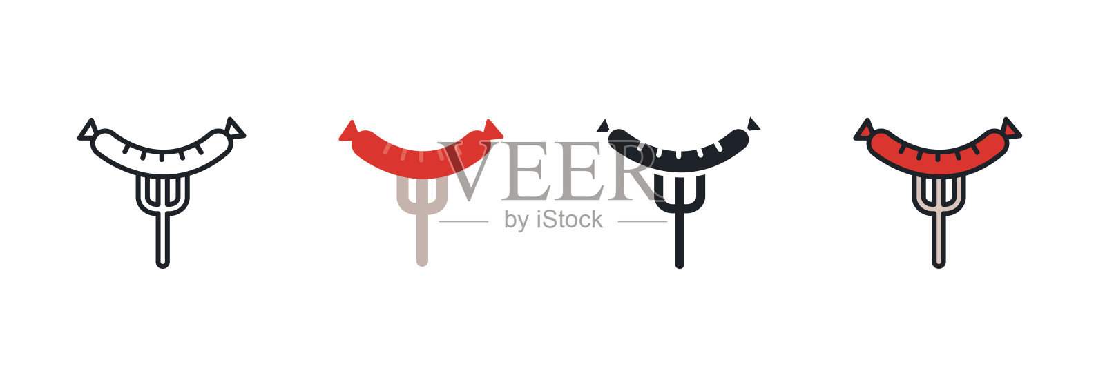 叉子图标上的烤香肠。线性平面颜色图标轮廓形状轮廓。黑色孤立的剪影。填充固体图标。字形设计。向量插图集。肉类产品。食品配料图标素材