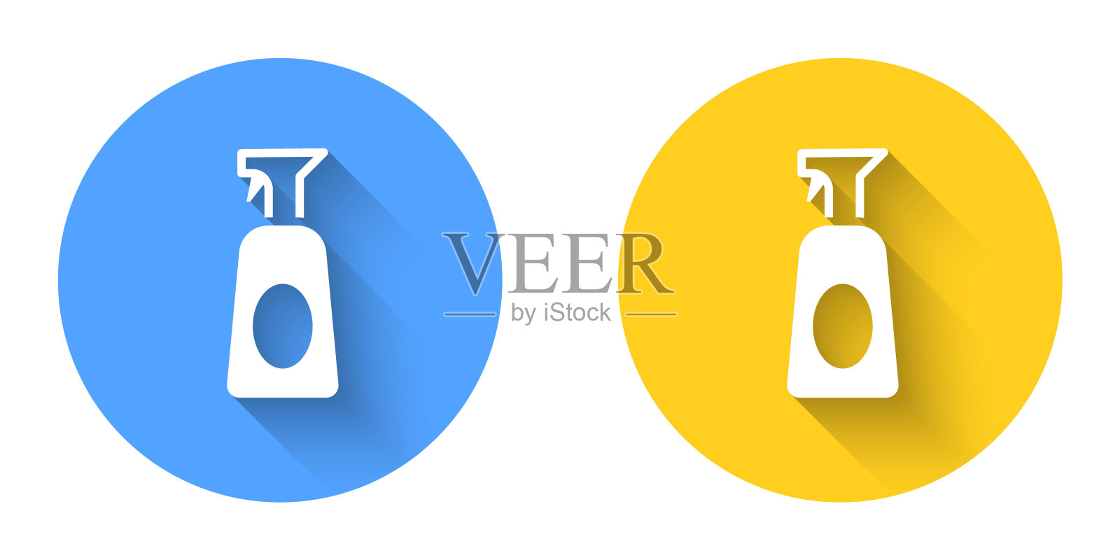 白色清洁喷雾瓶与清洁剂液体图标隔离与长阴影背景。圆按钮。向量图标素材