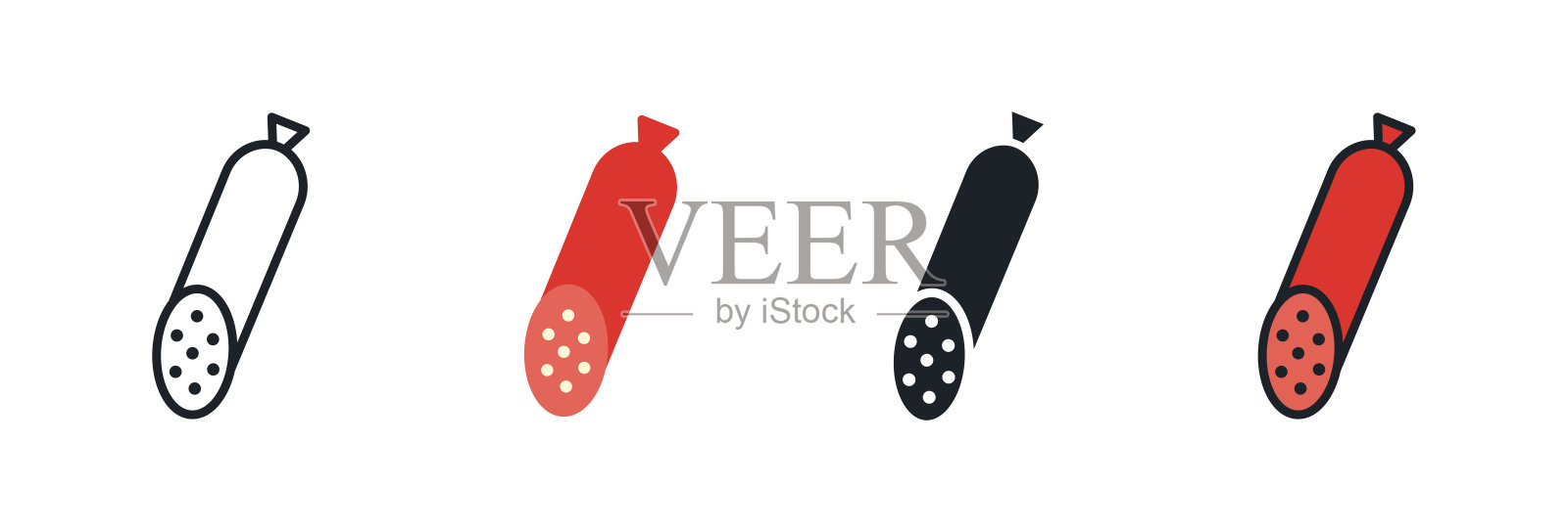 烟熏香肠，意大利腊肠图标。线性平面颜色图标轮廓形状轮廓。黑色孤立的剪影。填充固体图标。现代字形设计。向量插图集。肉类产品。食品配料插画图片素材