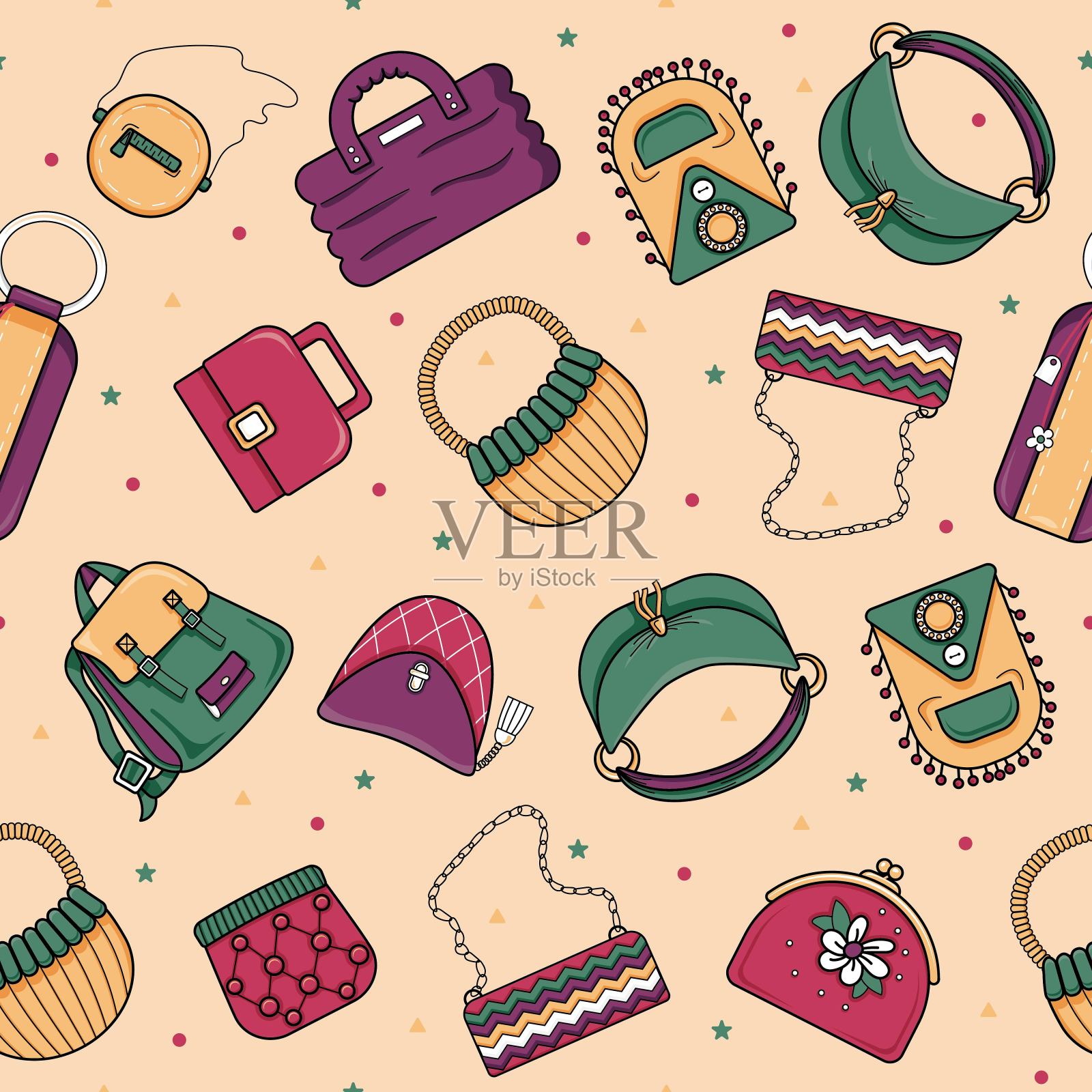 明亮的现代袋在一个明亮的背景上无缝的图案。色彩斑斓的时尚袋。矢量插图。插画图片素材