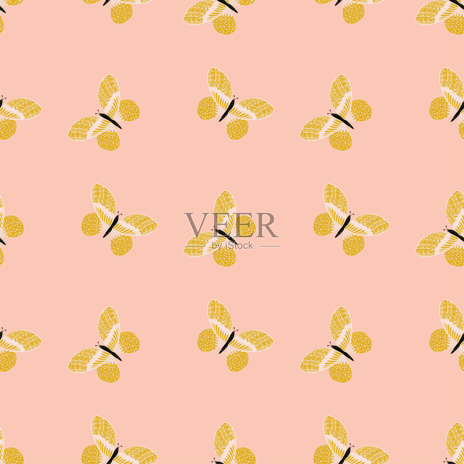 l12122021 -03蝶形图案无缝写意风格。可爱的昆虫在彩色背景的草地上飞行。矢量插图的纺织品。插画图片素材