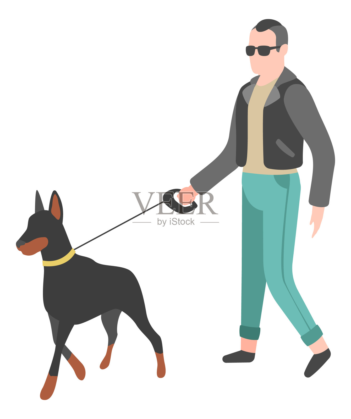 牵着狗散步的男人。户外活动的概念插画图片素材