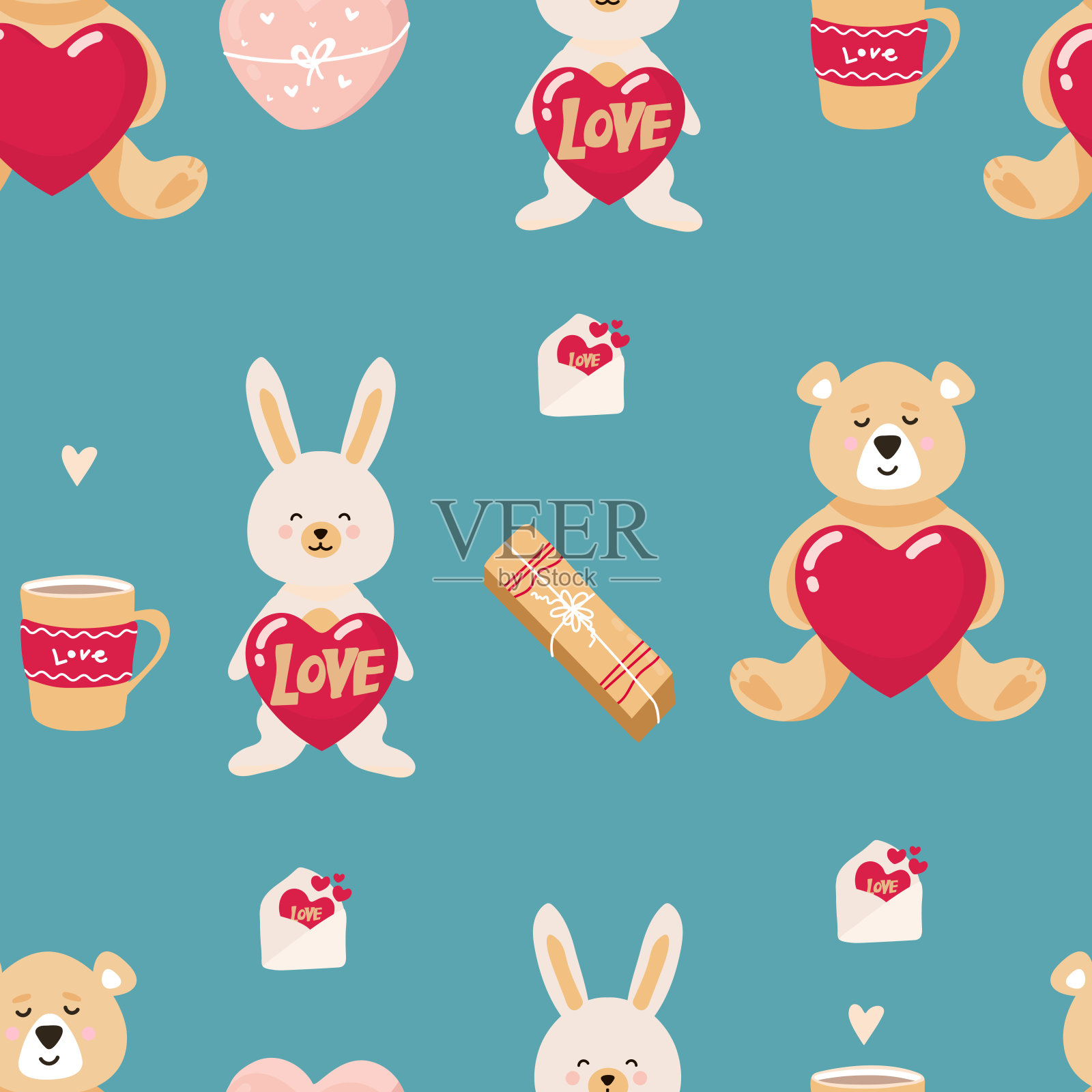 泰迪熊。天衣无缝的野兔图案，手握用心的熊。填充玩具,礼物。模式。向量设计元素图片