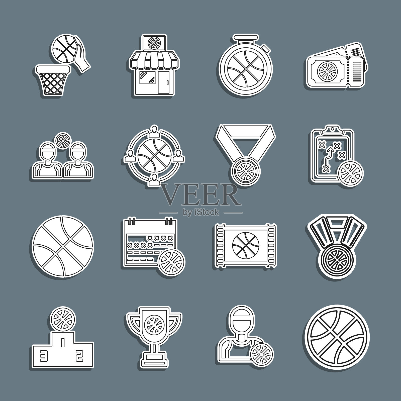 设定线篮球，奖牌，计划策略，秒表与篮球，球员，和图标。向量图标素材