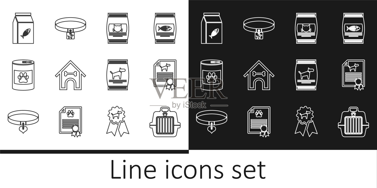 集宠物提箱、猫狗证、食品袋、狗屋、狗骨、罐头、项圈图标于一体。向量图标素材