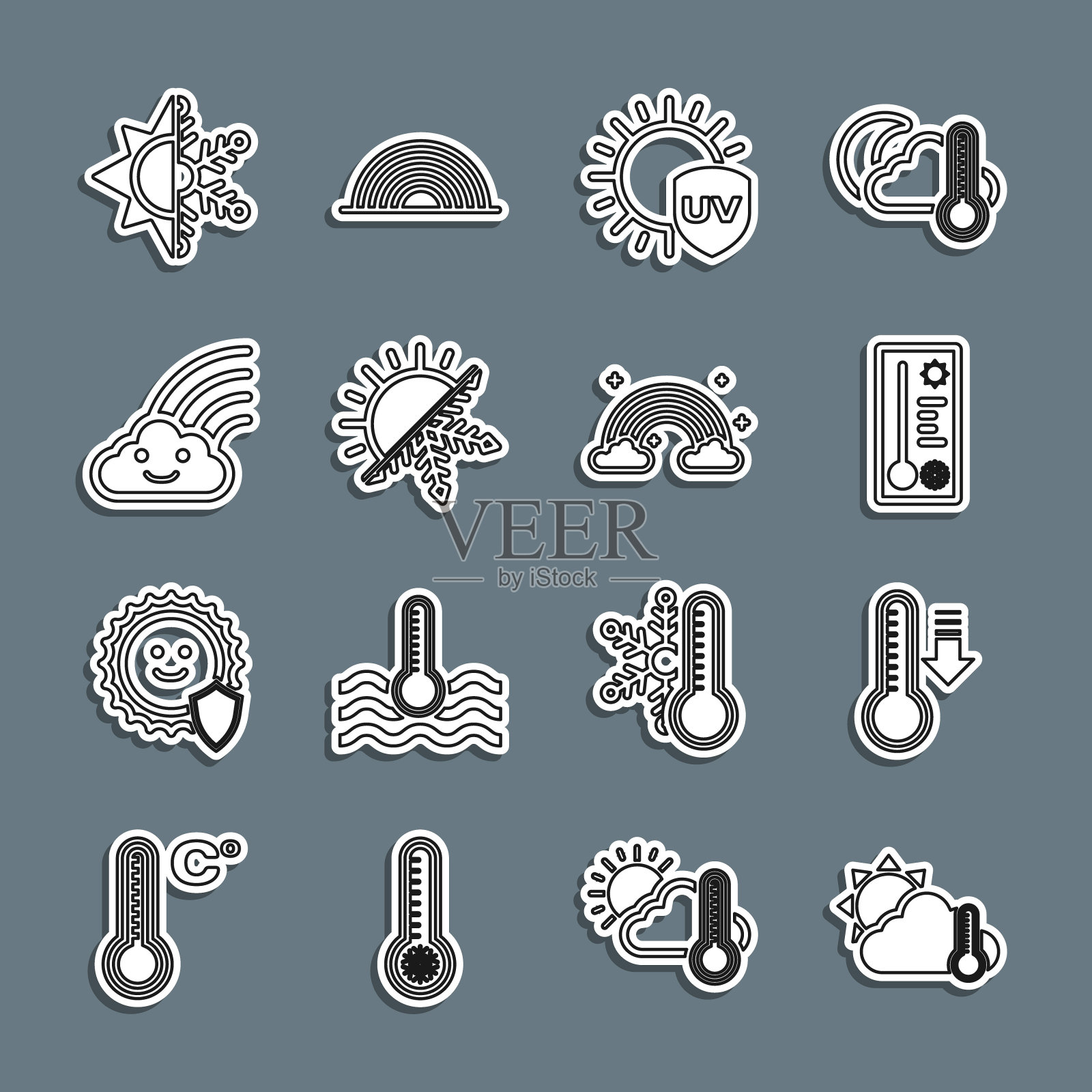 设置线温度计和云，太阳，气象温度计，紫外线保护，太阳雪花，彩虹，和云图标。向量图标素材