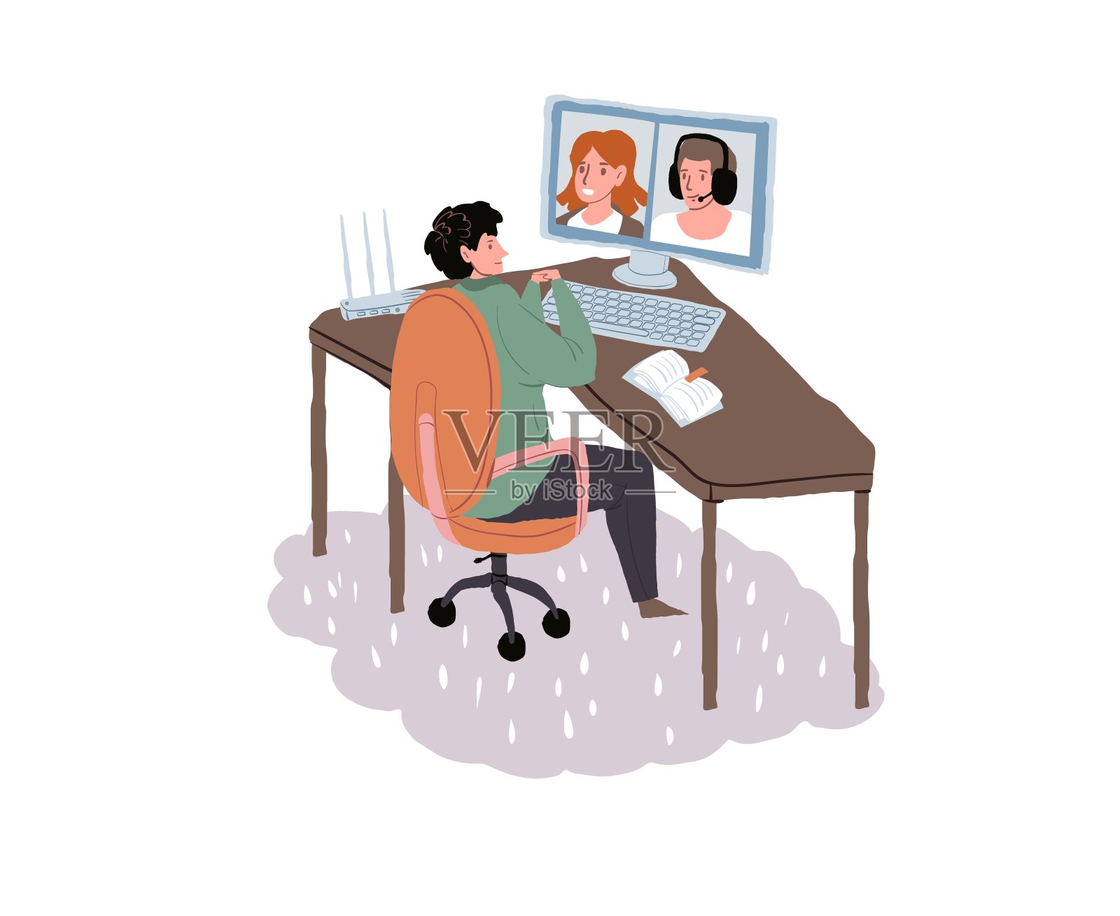 卡通平面人物在网上商务会议，利用视频会议应用矢量演示的概念插画图片素材