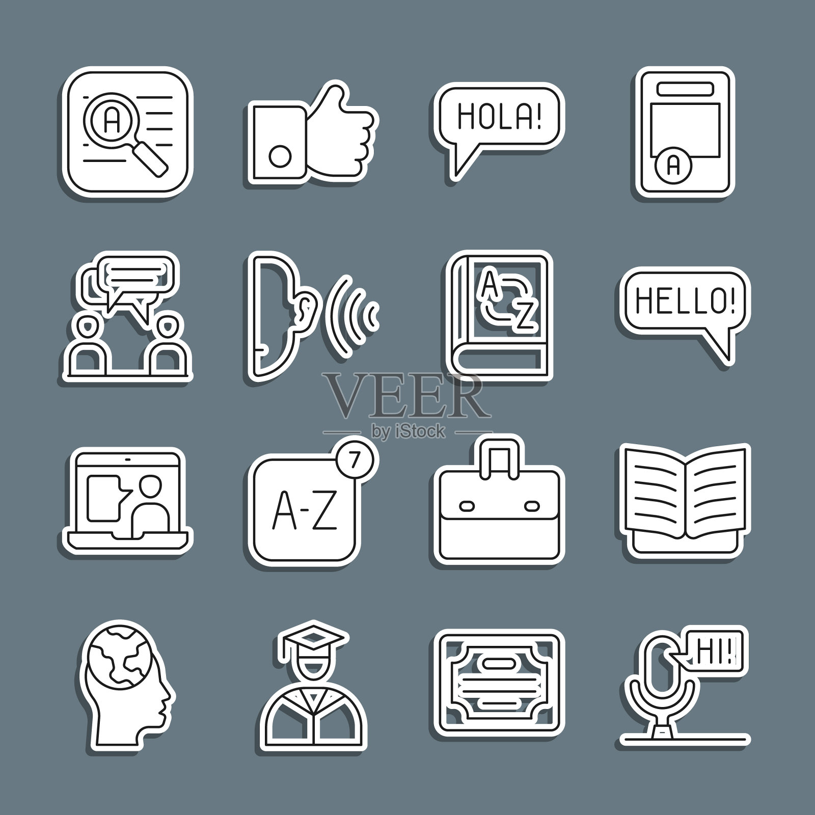 设置线路麦克风语音装置，打开书本，不同语言的Hello, Hola，耳朵听声音信号，两个坐着的男人说话，翻译和图标。向量图标素材