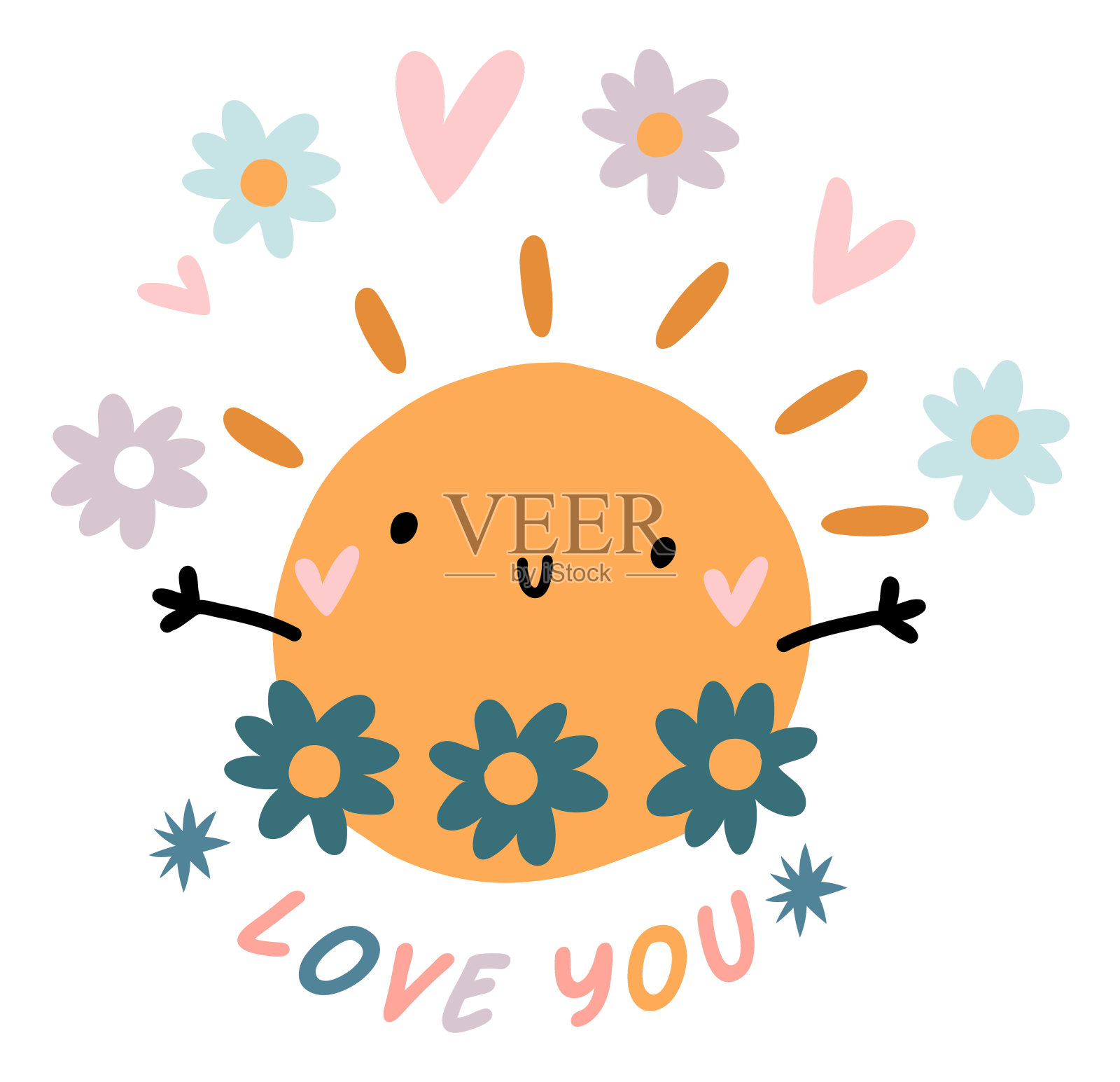 爱你的标志。可爱的太阳张开双臂，鲜花环绕插画图片素材