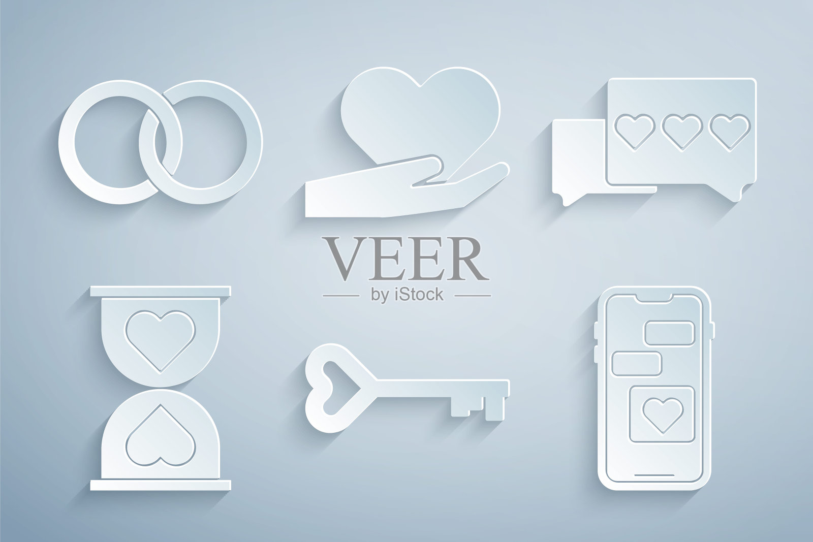 Set Key in heart shape, Like and, heart中心沙漏，手机，手和结婚戒指图标。向量图标素材