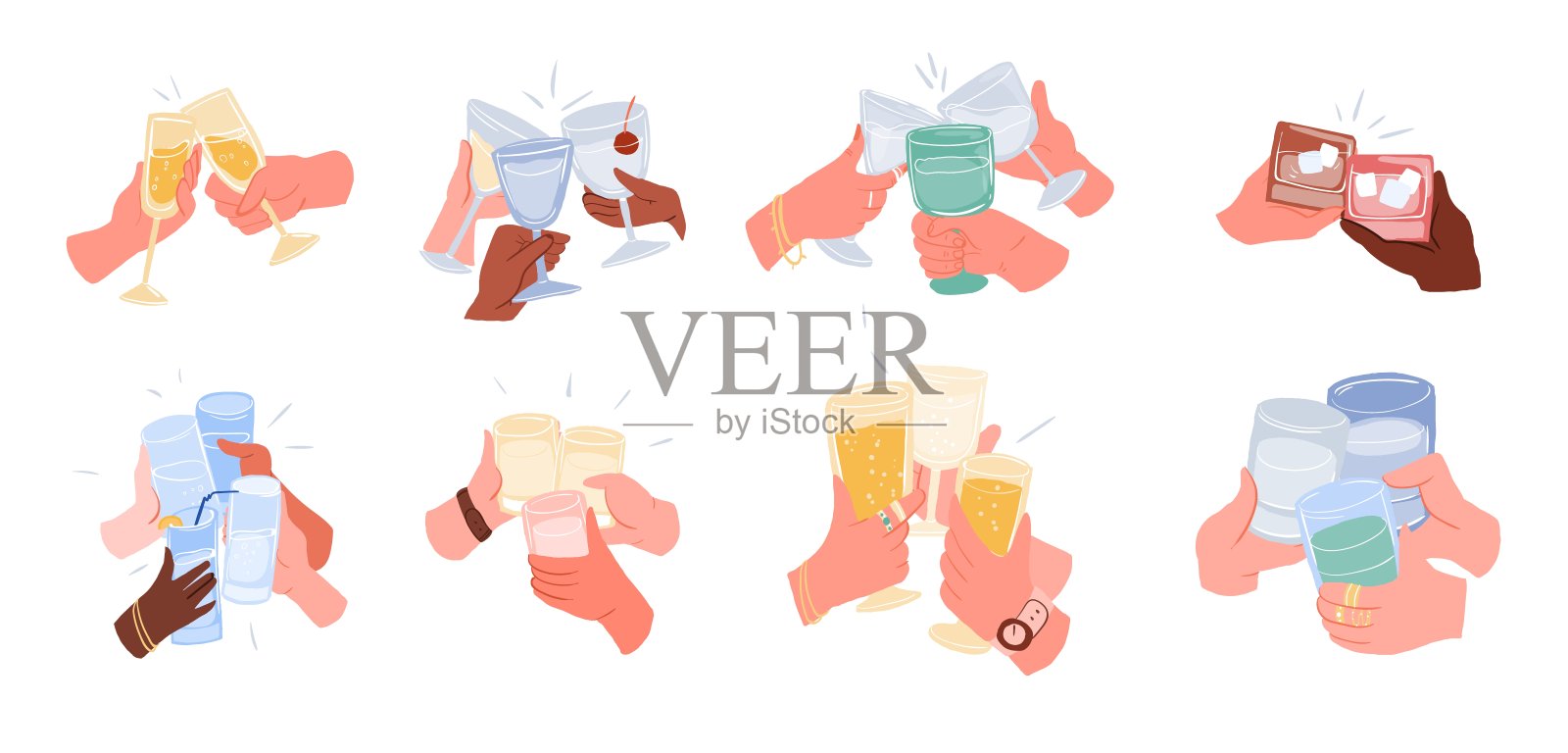 朋友的手拿着酒杯和马克杯插画图片素材