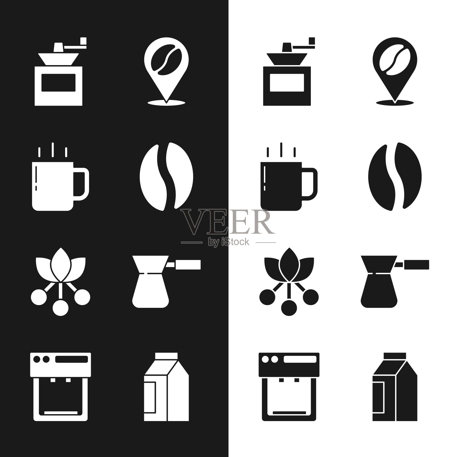 设置咖啡豆，杯子，手动咖啡研磨机，位置，豆，树枝，土耳其，袋和机器图标。向量图标素材