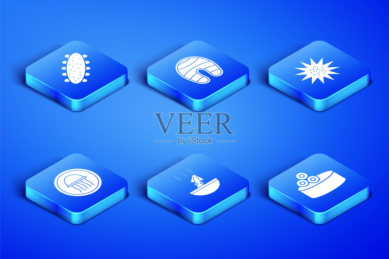 鱼子酱，海参，章鱼汤，海蜇装盘，鱼排，海胆图标。向量图标素材