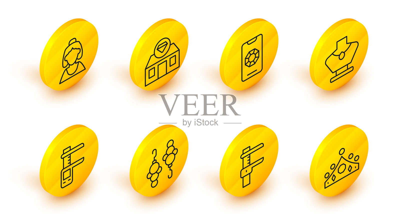 集线王皇冠，卡尺或卡尺和秤，耳环，项链在人体模型，珠宝网上购物，商店和顾问的珠宝图标。向量图标素材