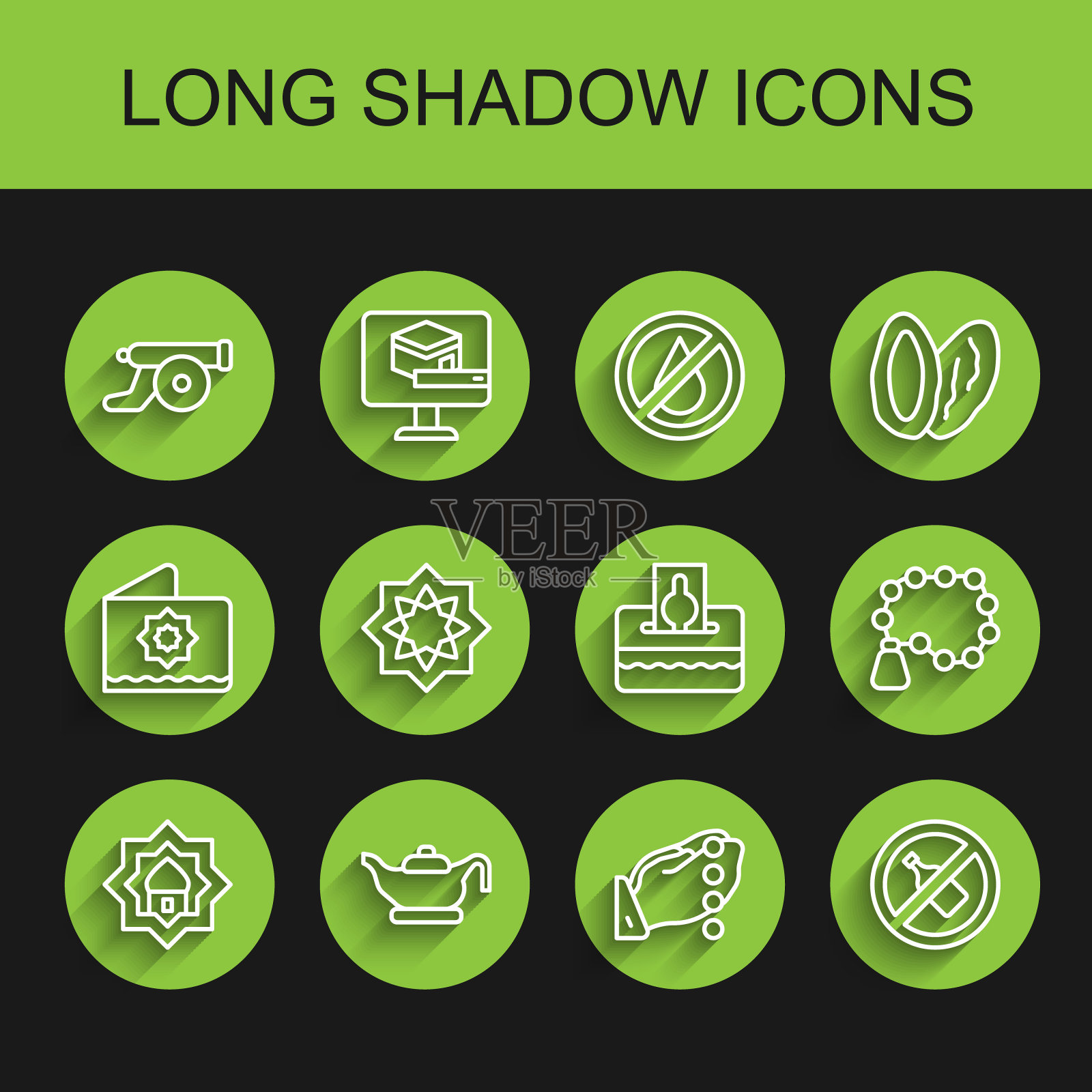 设置穆斯林清真寺，油灯，斋月大炮，手放在祈祷的位置，无酒精，八角星，念珠宗教和捐赠或支付你的天课图标。向量插画图片素材