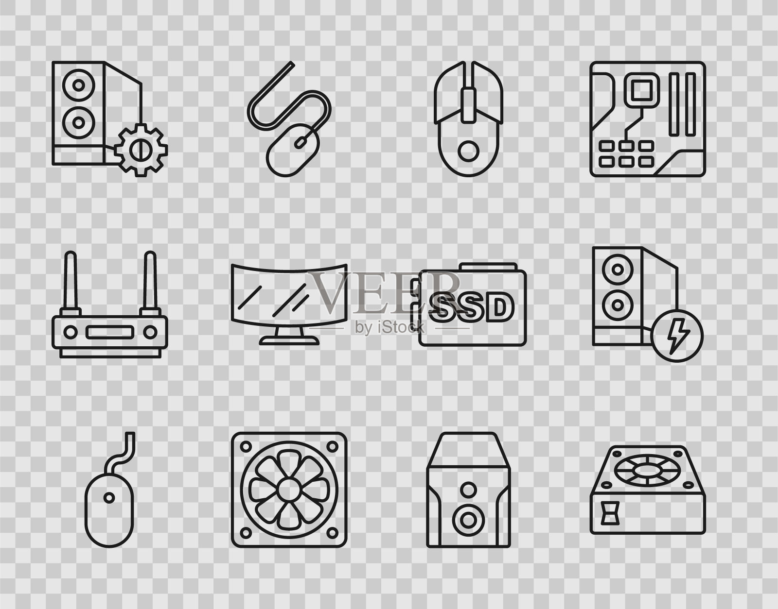 设置线路电脑鼠标，冷却器，电脑外壳，显示器屏幕，不间断电源和图标。向量图标素材