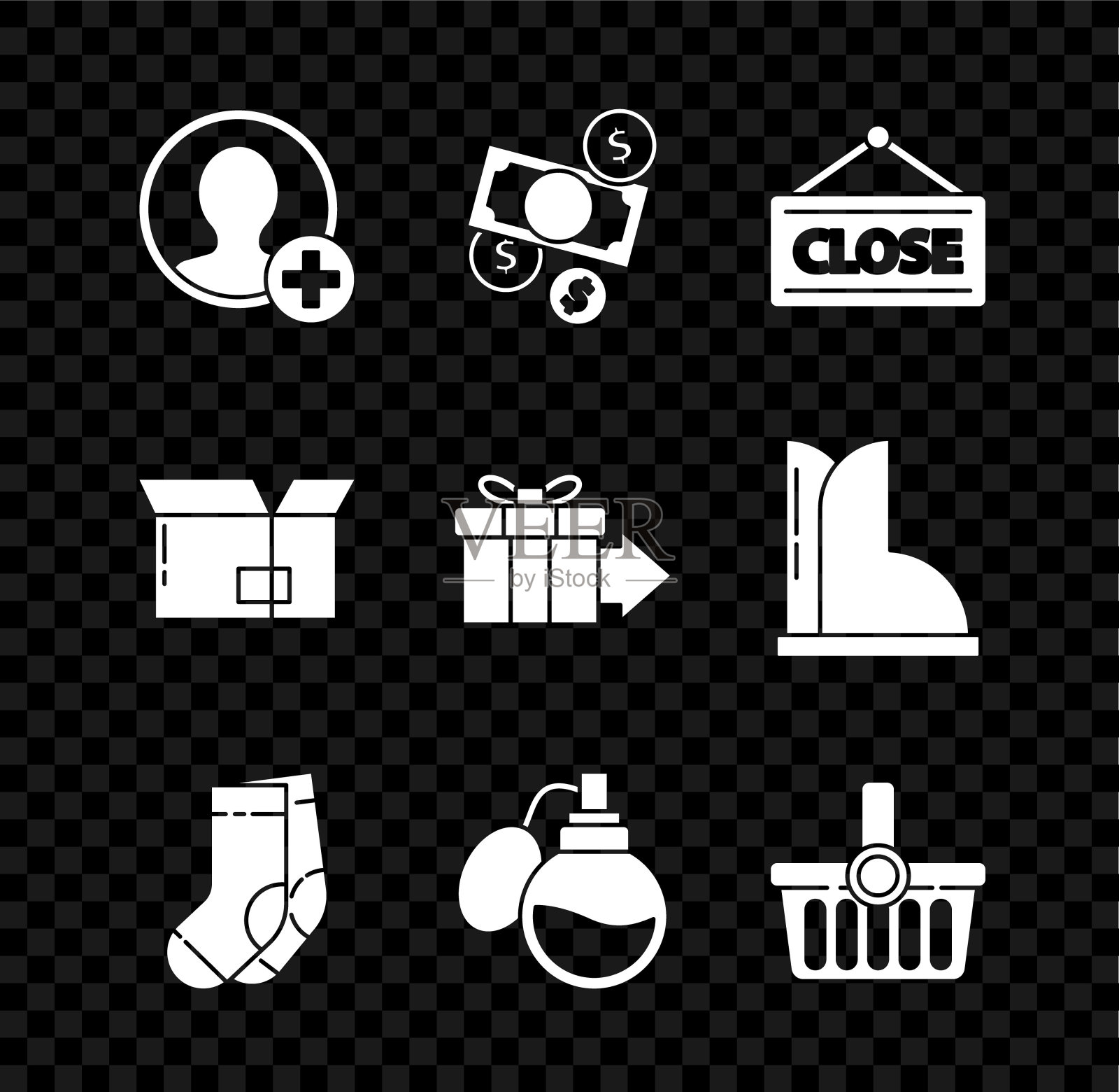 设置创建帐户屏幕，现金和硬币，挂标志关闭，袜子，香水，购物篮，纸箱和礼物图标。向量图标素材