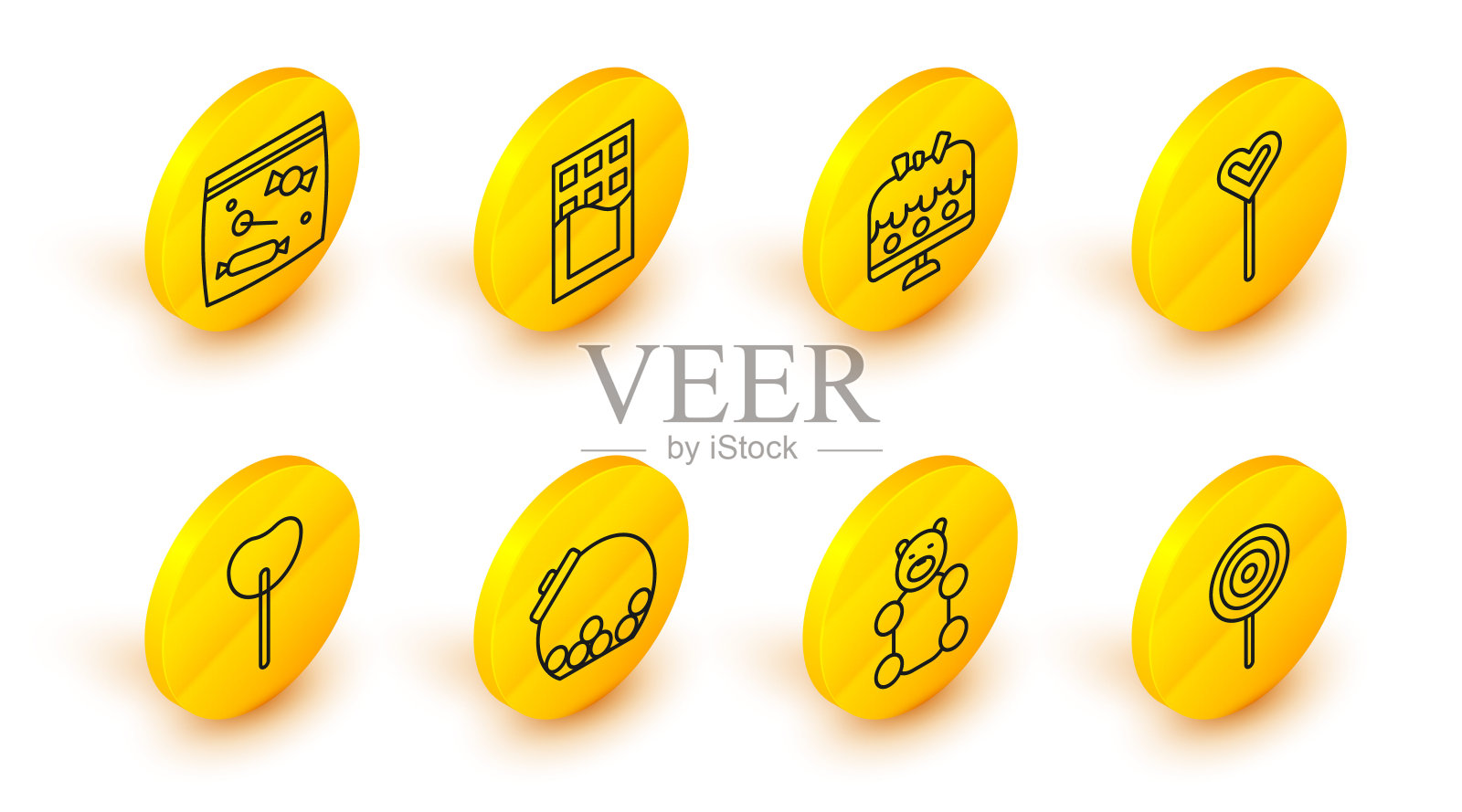 设置线棒棒糖，果冻熊糖果，玻璃罐里面的糖果，蛋糕在盘子，巧克力棒和糖果包装图标。向量图标素材