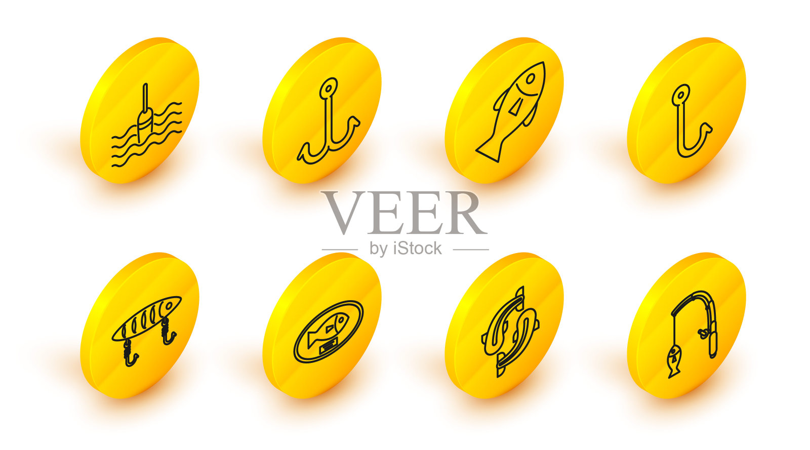 设置钓鱼竿和鱼，挂在板上的奖杯，鱼饵，鱼钩，并浮水图标。向量图标素材