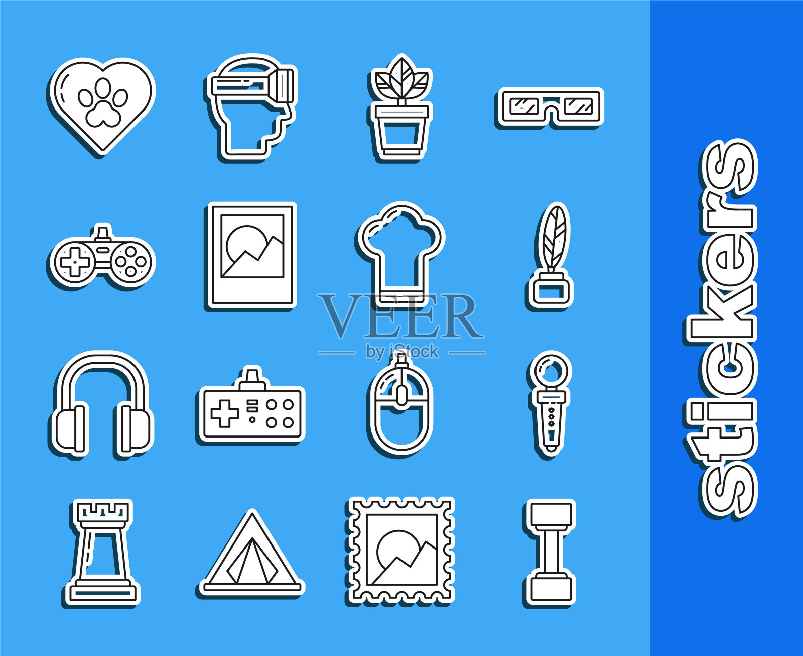 设置线哑铃，操纵杆街机，羽毛和墨水瓶，花盆，相框，手柄，心脏与动物足迹和厨师帽子图标。向量图标素材