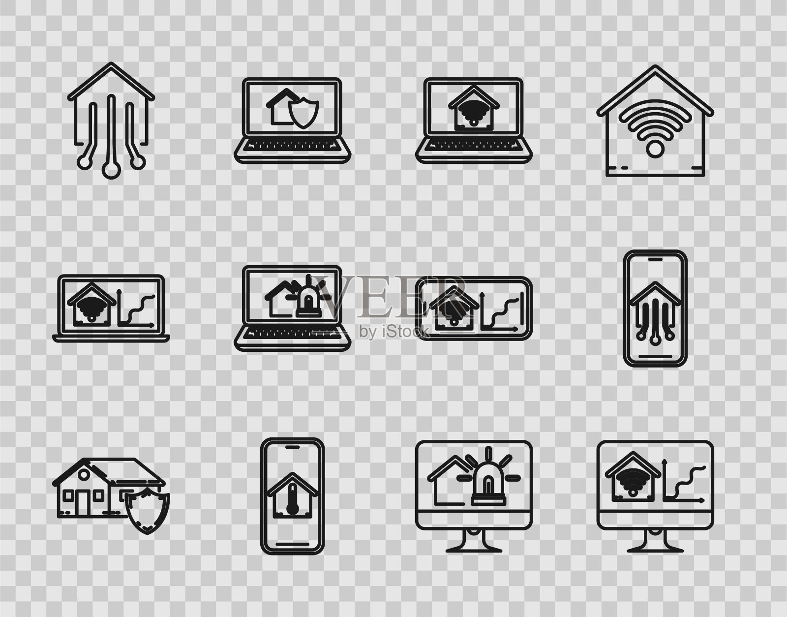 设置线屋保护，电脑显示器与智能家庭与wi-fi，笔记本电脑，手机屋温度，智能，报警，和图标。向量图标素材