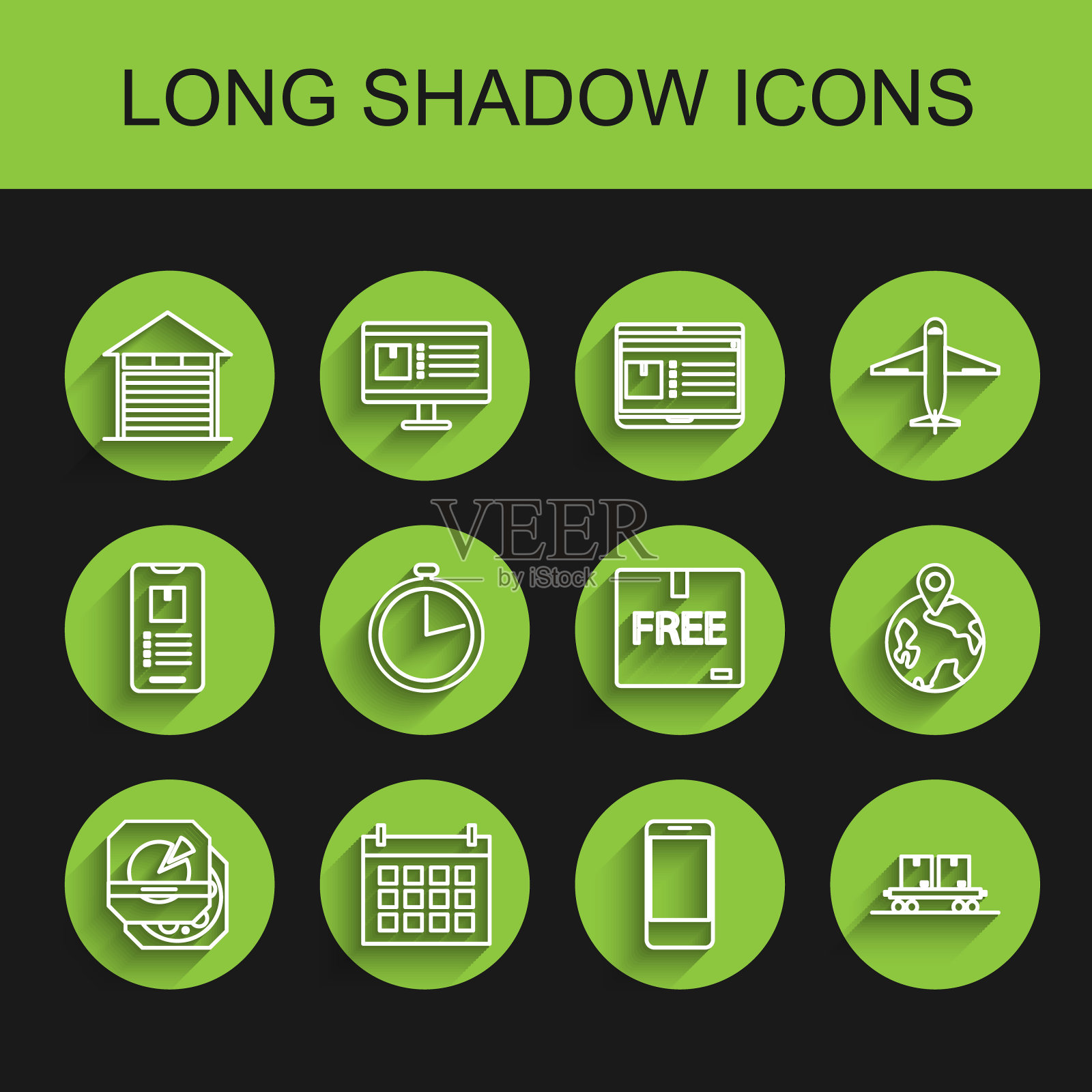 设置线披萨在纸箱，日历，封闭的仓库，手机应用程序递送跟踪，铁路车厢，秒表，世界各地和纸板免费符号图标。向量插画图片素材