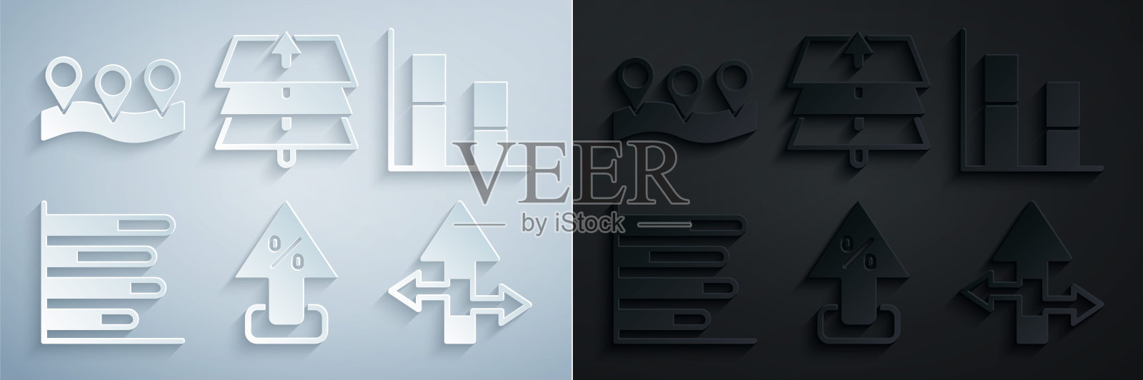 设置百分比向上箭头，图形，图表，图表，饼图信息图，箭头，图层和位置图标。向量图标素材