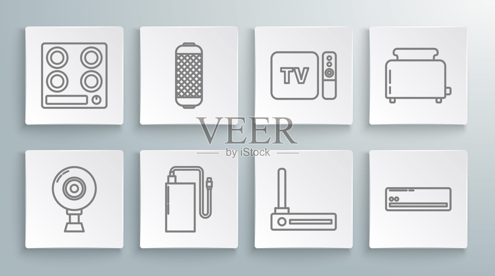 可设置线网摄像头、不同充电电缆的电源、路由器和wi-fi信号、空调、电视盒接收器、播放器遥控器、烤面包机和煤气炉图标。向量图标素材