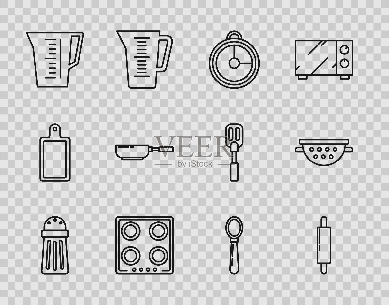 设置线盐，擀面杖，厨房定时器，煤气灶，量杯，煎锅，勺子和滤器图标。向量图标素材