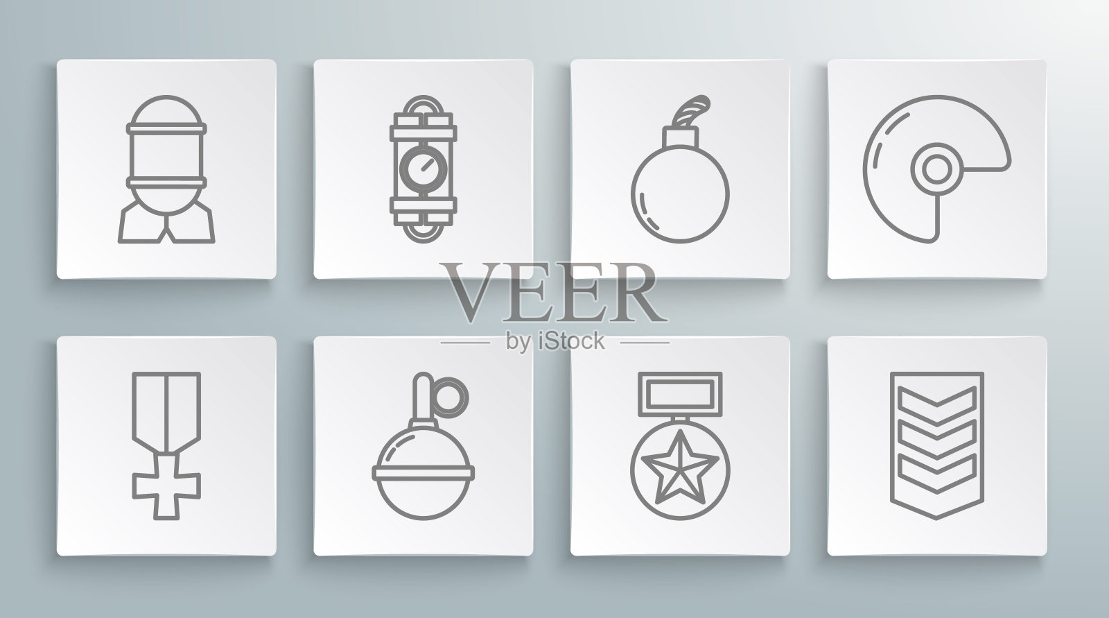 设置行军事奖励奖章，引爆炸药炸弹棒和定时器时钟，手雷，军衔，炸弹准备爆炸，头盔和航空图标。向量图标素材