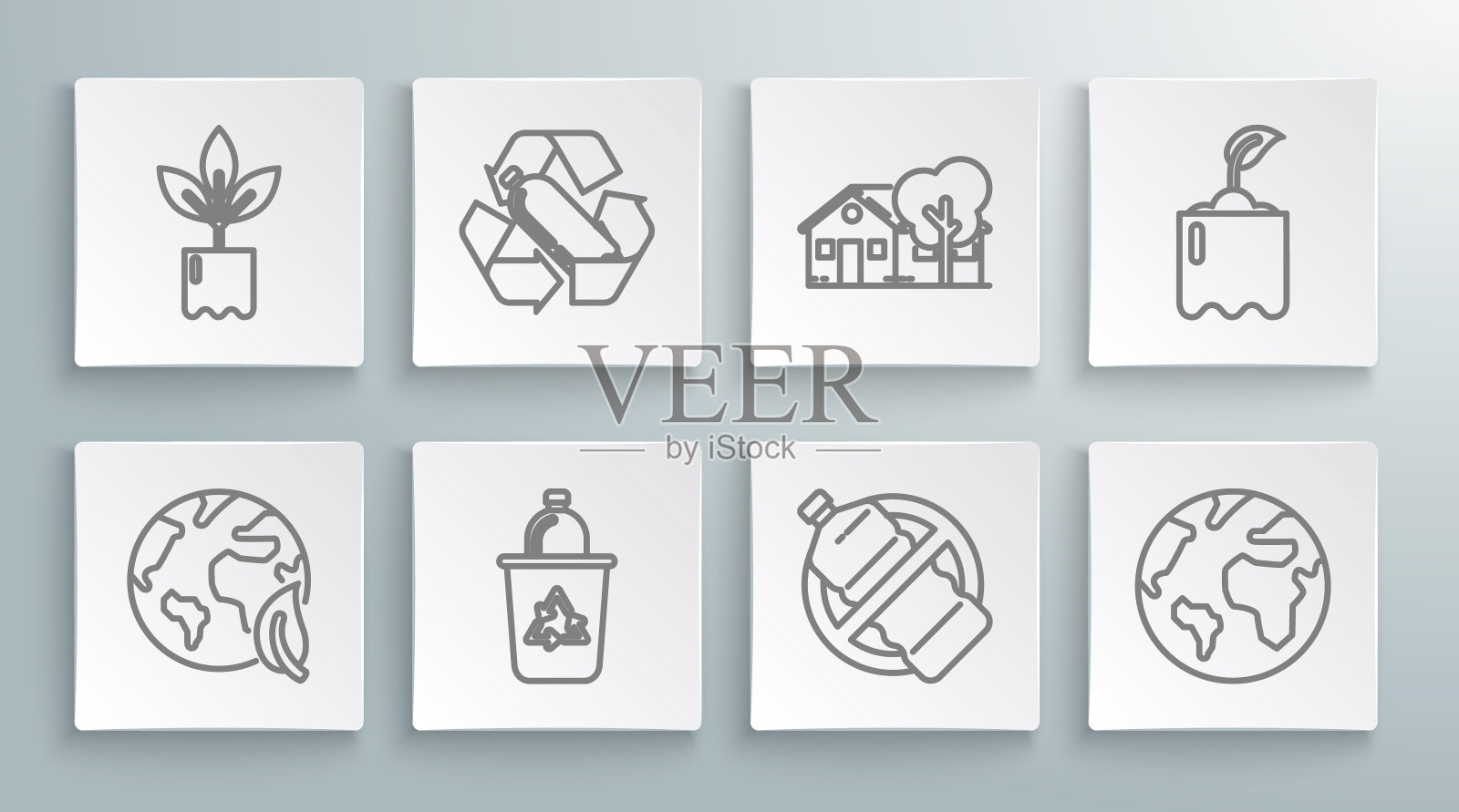 设置线地球仪和树叶，回收塑料瓶，回收站与回收标志，没有，环保的房子，发芽和植物图标。向量图标素材