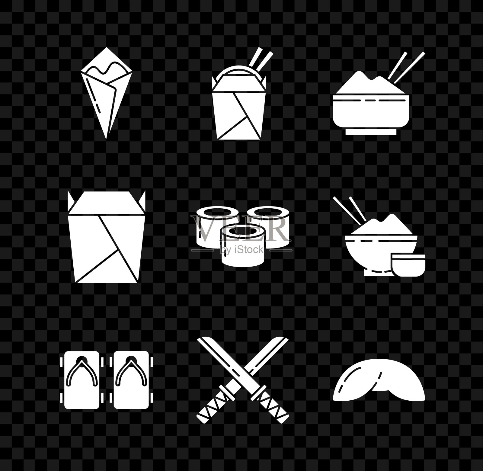 集Temaki卷，米饭碗，Geta传统日本鞋，传统武士刀，中国幸运饼干，餐厅开外卖填和寿司图标。向量图标素材