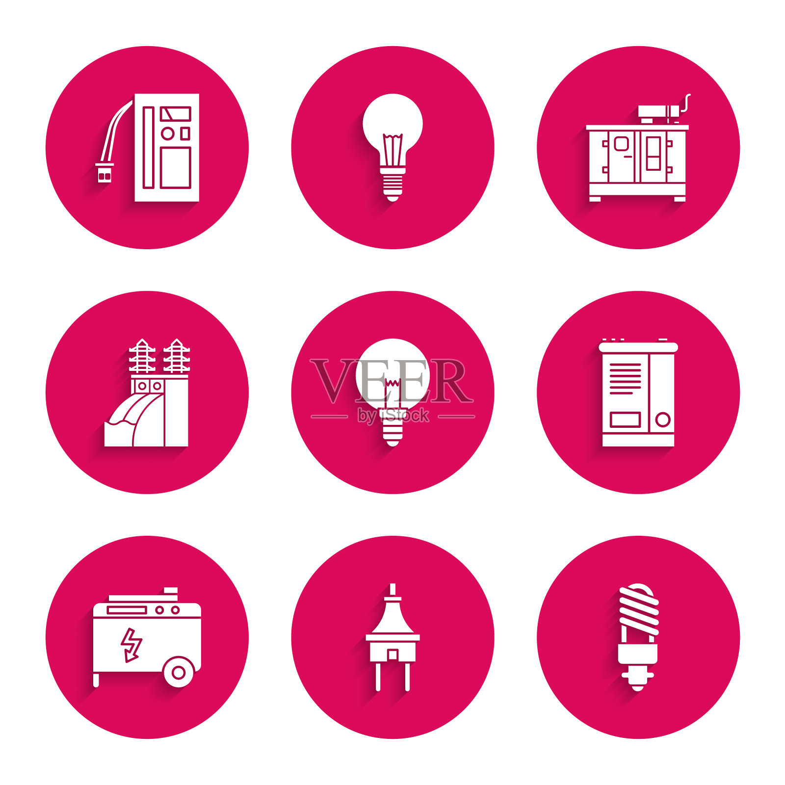 设置灯泡，电插头，LED灯，汽车电池，便携式电力发电机，核电站，柴油和电池图标。向量图标素材