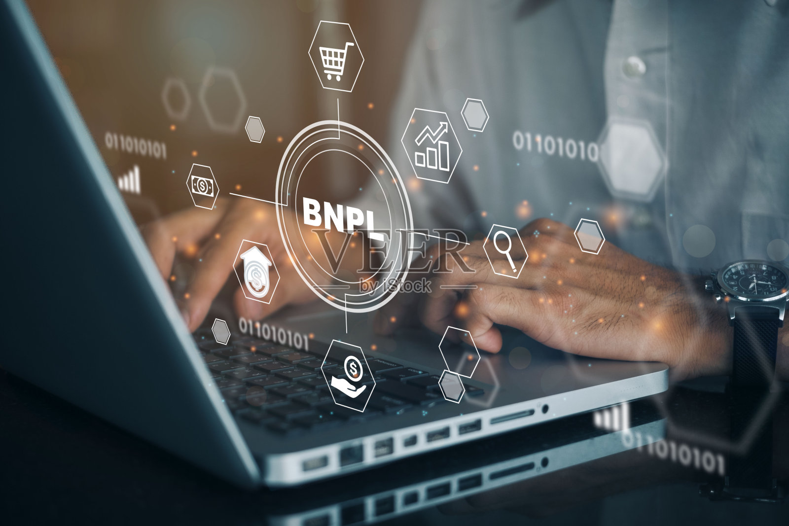 现在购买后支付网上购物的概念。商人使用电脑来BNPL与网上购物图标技术。“n照片摄影图片