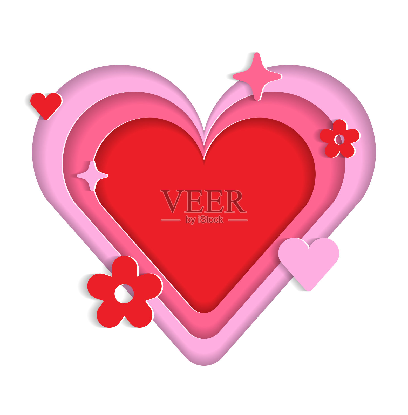 情人节心形纸艺banner：花朵、光芒与山脉地图插画图片素材