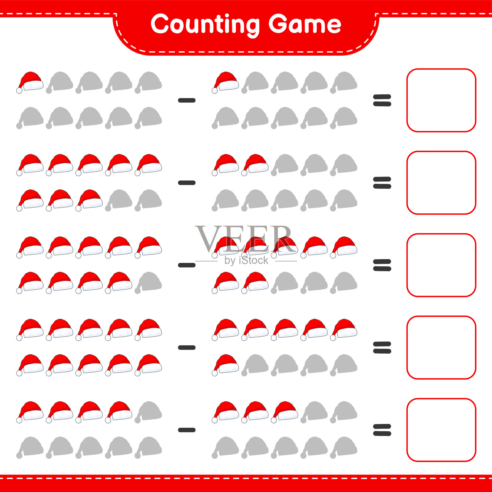 数数游戏，数数圣诞老人帽子的数目并写出结果。教育儿童游戏，可打印的工作表，矢量插图插画图片素材