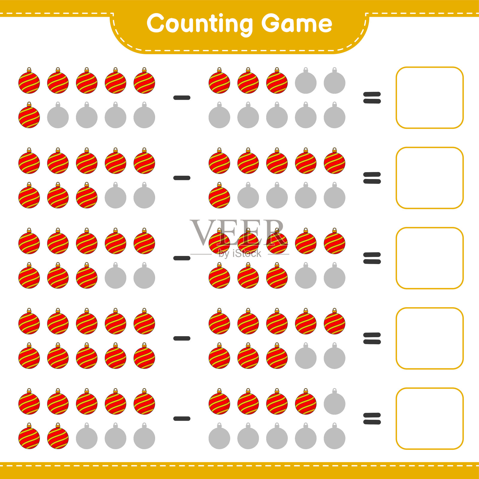 数数游戏，数数圣诞球的数目并写出结果。教育儿童游戏，可打印的工作表，矢量插图插画图片素材
