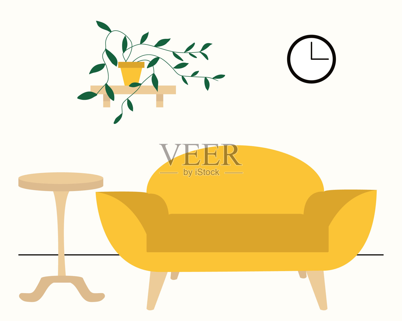 客厅里有黄色的沙发，桌子，钟和花。客厅室内插画图片素材