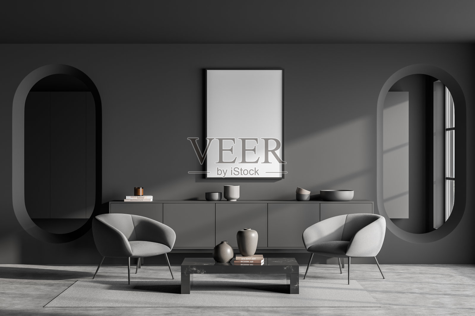 画布在深灰色的客厅椭圆形镜子。座位的想法。照片摄影图片