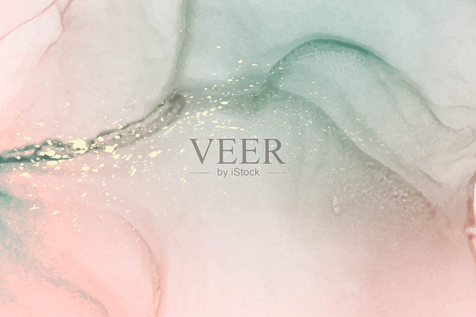 水彩背景与抽象的粉红色和绿色墨波和金色飞溅。插画图片素材